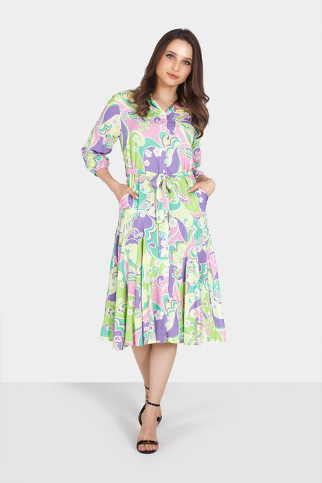 Green and Purple Multicolored Printed Midi Dress with Belt FP14197