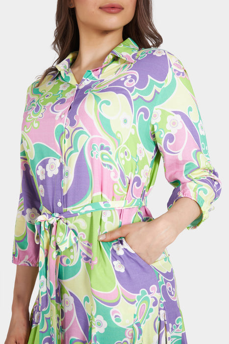 Green and Purple Multicolored Printed Midi Dress with Belt FP14197