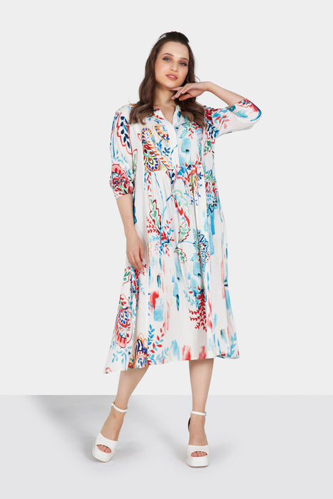 White Multi Color Long Sleeve Printed Midi Dress with Gather Detailing FP14223