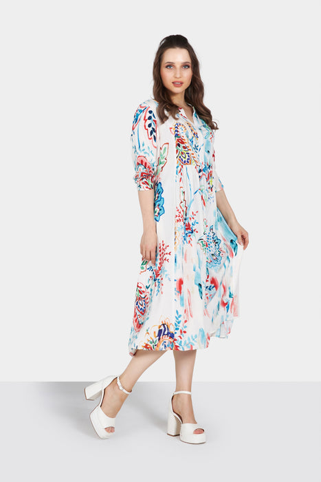 White Multi Color Long Sleeve Printed Midi Dress with Gather Detailing FP14223