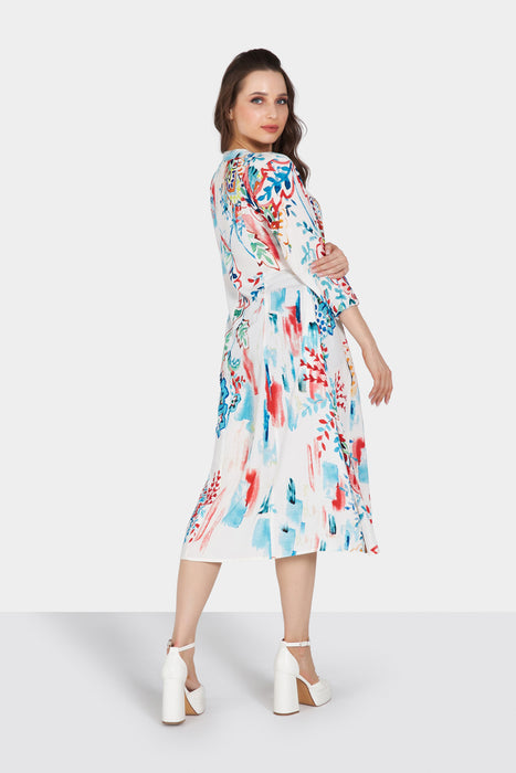 White Multi Color Long Sleeve Printed Midi Dress with Gather Detailing