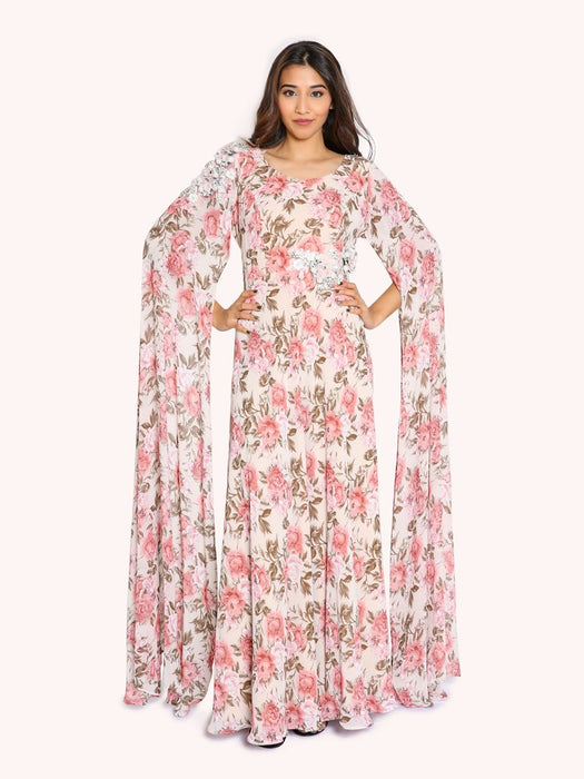 offwhite floral printed flair double sleeved gown with patchworks