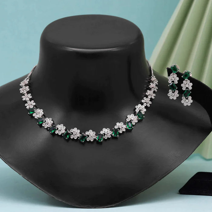 Green Color American Diamond Necklace Set (CZN819GRN ) - Green