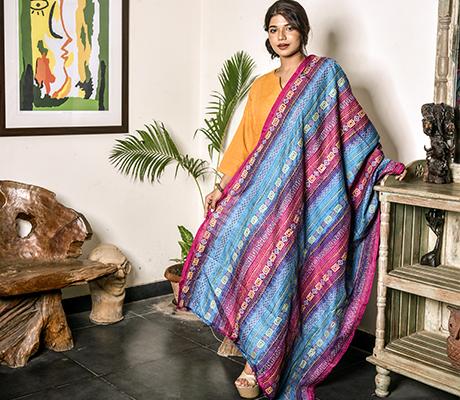 Kantha Stitched Dupatta on Silk Print Base