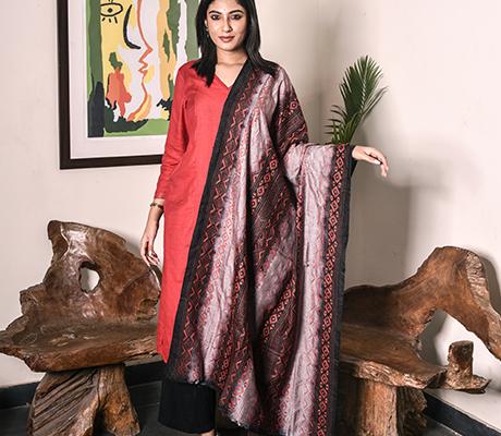 Kantha Stitched Dupatta on Silk Print Base