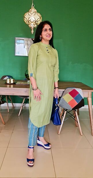 Olive green kurta in soft cotton with chinese collar and contrasting smart pants in blue with multiple stripes
