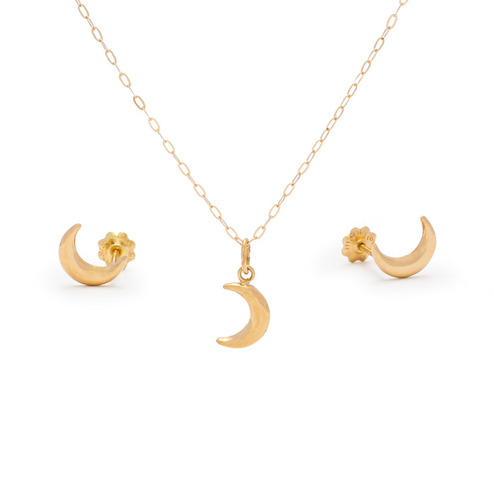 crescent gold set of earrings and necklace
