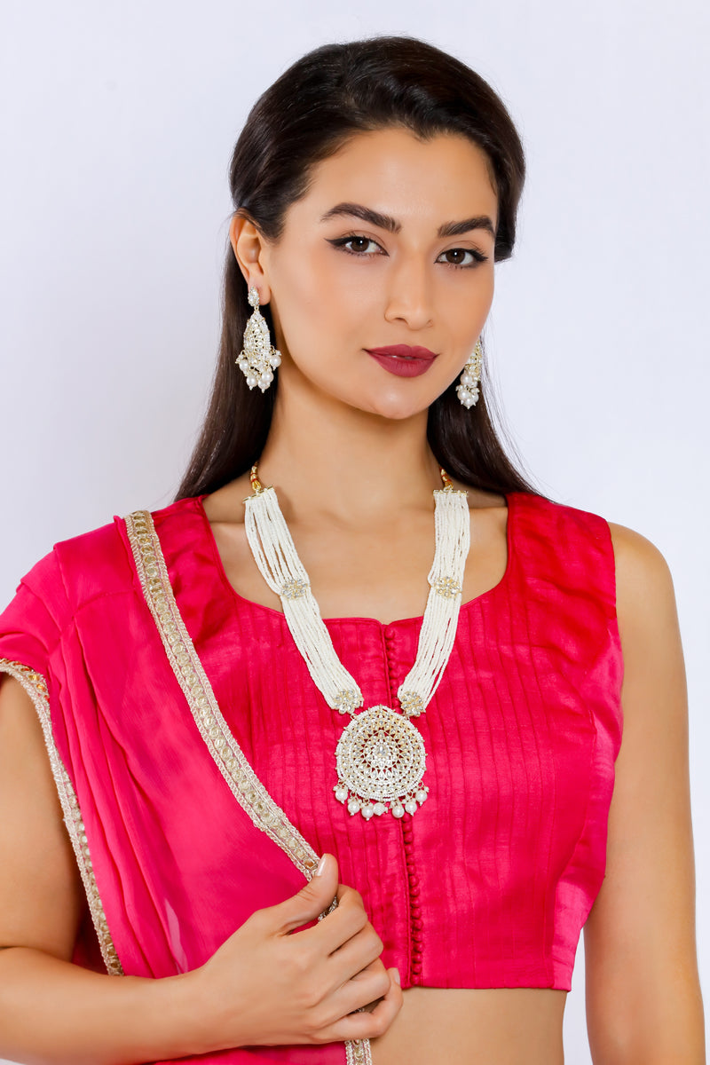 White Color Kundan Long Necklace Set (KN1221WHT) - White