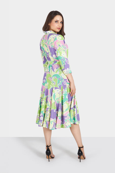 Green and Purple Multicolored Printed Midi Dress with Belt