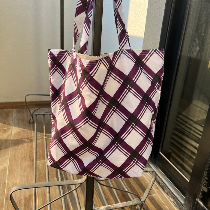 Purple and White Grocery Bag with Earth in Hand applique