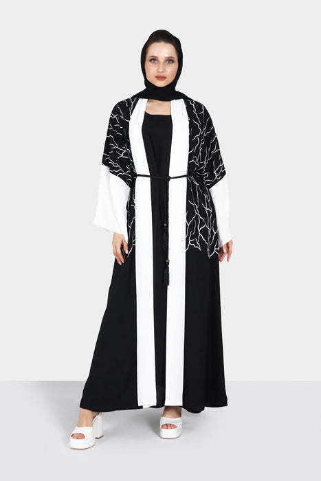 Black Silk Abaya with Abstract Embroidery and Sheila