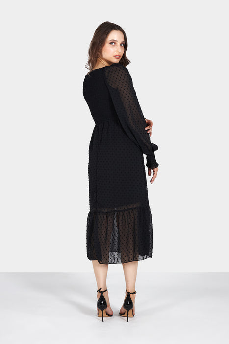 Black Long Sleeve Textured Midi Dress