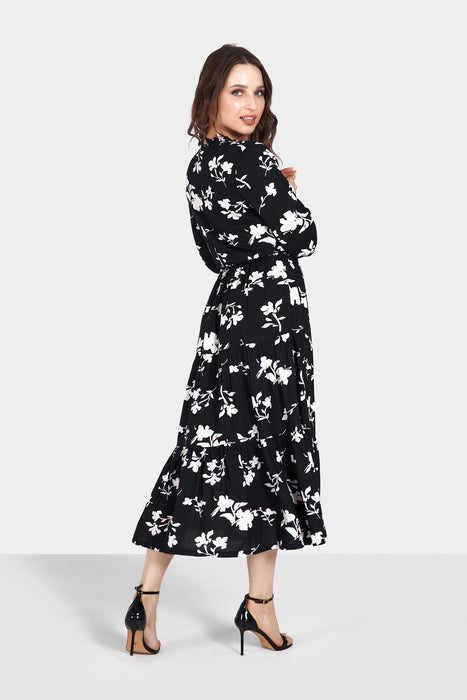 Black and White Long Sleeve Floral Printed Maxi Dress