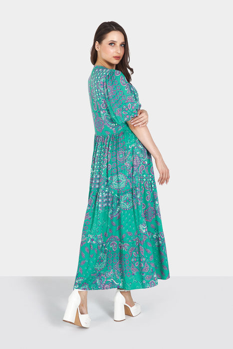Blue and Pink Paisley Printed Tiered Maxi Dress