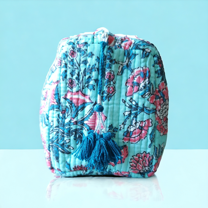 Block Print Toiletry Pouch Blue and Pink