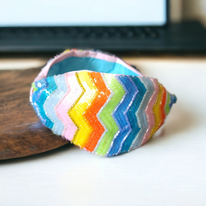 Hand Embroidered Girl Headband Multicolor Zig Zag