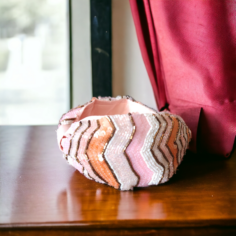 Hand Embroidered Peach Zig Zag Headband