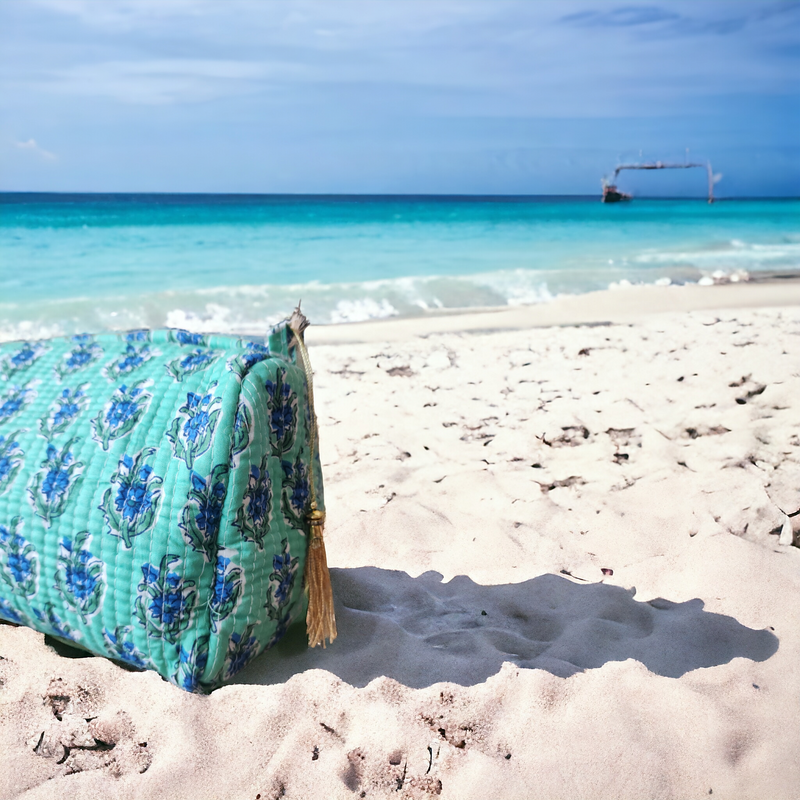 Block Print Toiletry Pouch Turquoise Blue