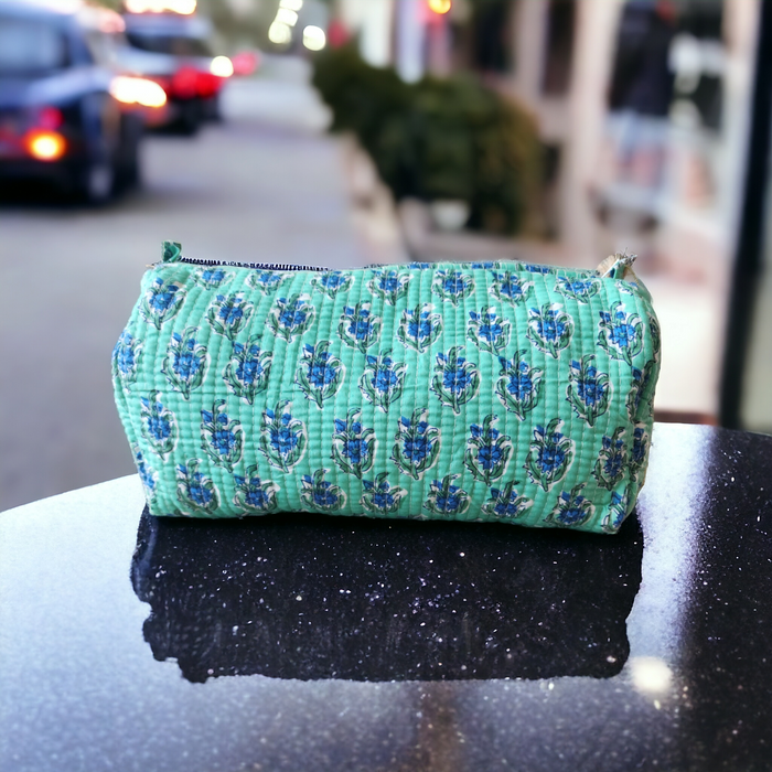 Block Print Toiletry Pouch Turquoise Blue