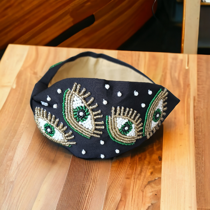 Evil Eye Handmade Headband with Green Accents