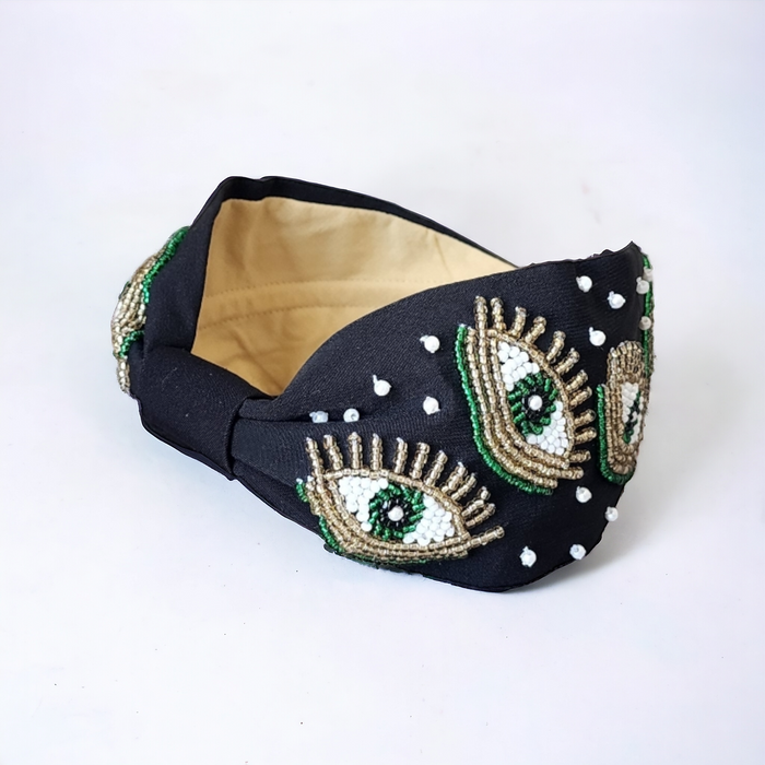 Evil Eye Handmade Headband with Green Accents