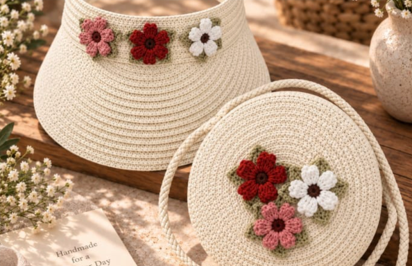 Chic Handcrafted Straw Round Bag & Floral Visor Summer Gift Set