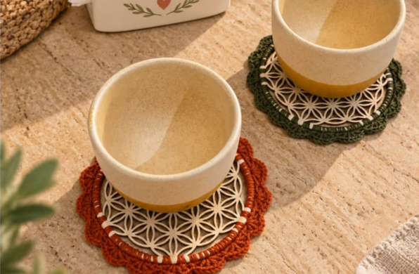 Luxury Wood & Crochet Edged Coaster Set (2 Pieces)