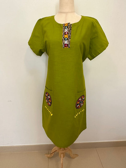 Women dress with patch pockets and appliqué kutchi hand embroidery work