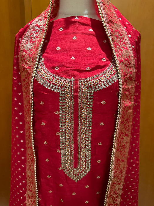 Red khaki silk banarasi brocade suit material exclusive handwork on neck dress