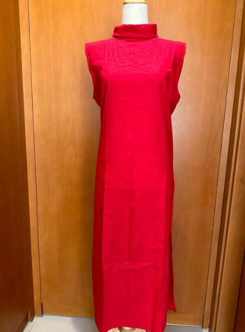 Red linen dress with rolled turtle neck