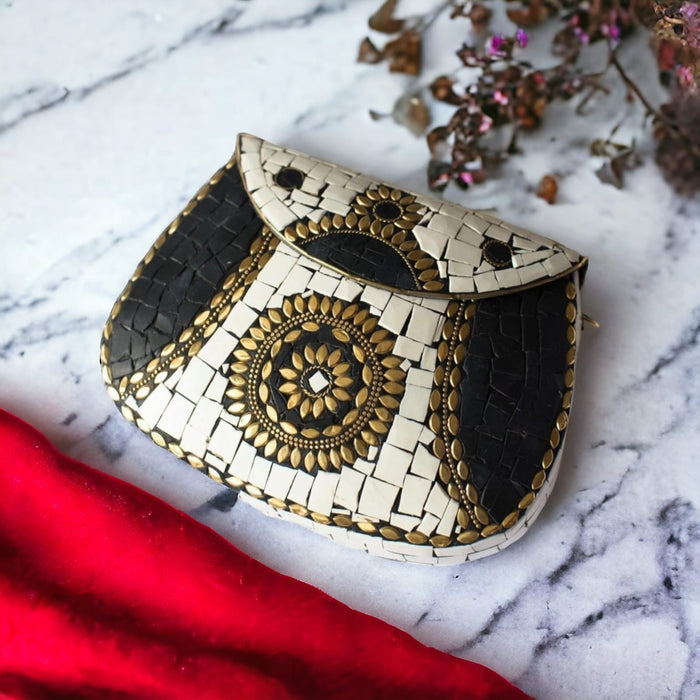 Handcrafted Black White Mosaic Clutch