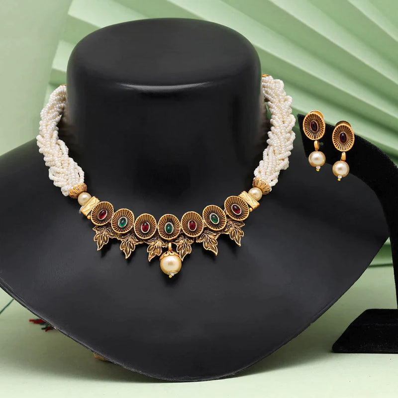 Rani & Green Color Choker Matte Gold Necklace Set (TPLN479RNIGRN) - Rani & Green