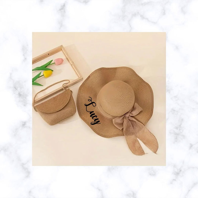 Personalised Kids' Large Brim Sun Hat - Foldable UV Protection Beach Hat with Bow (Khaki)