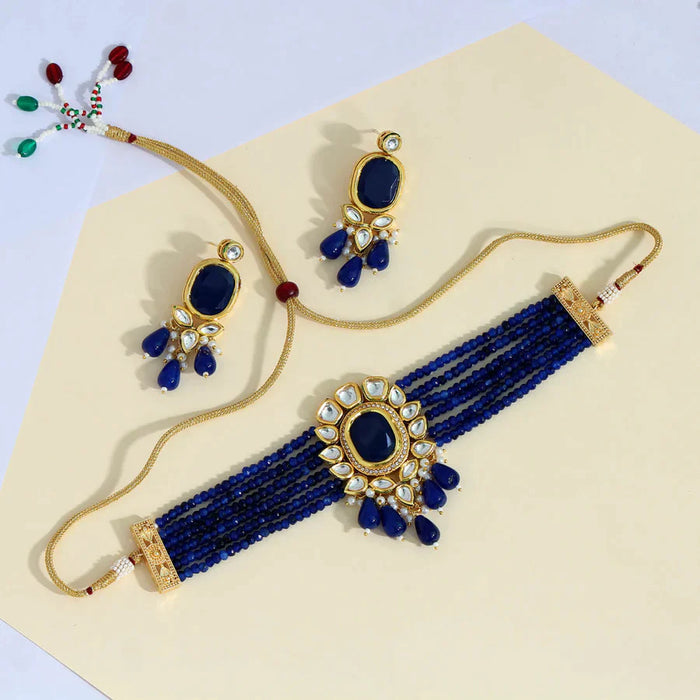 Blue Color Choker American Diamond Necklaces Set (CZN473BLU) - Blue