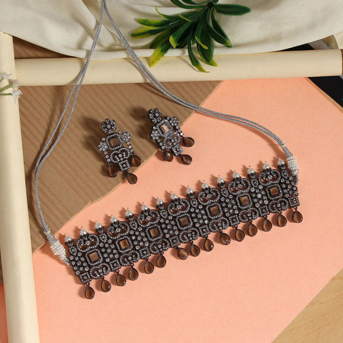 Brown Color Black Silver Brass American Diamond Choker Necklace Set (PCZN683BRW) - Brown