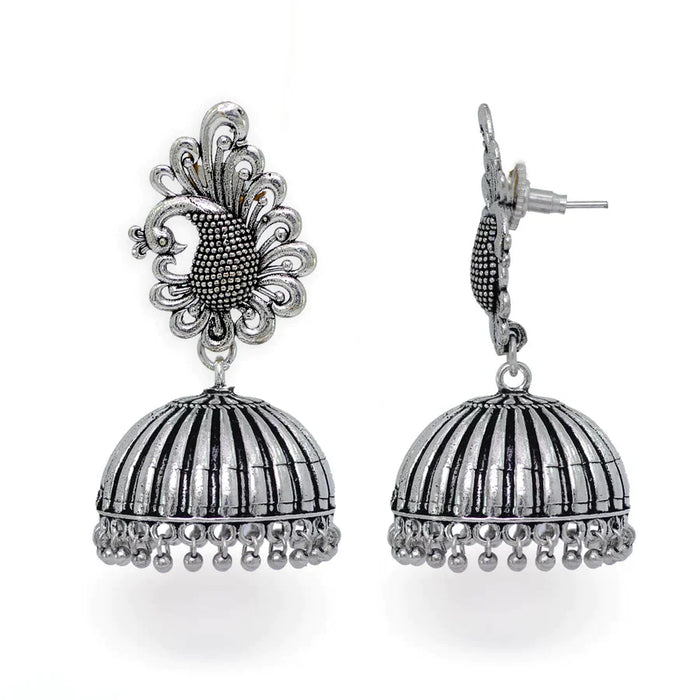 Bollywood Style Peacock Inspired Silver Tone Oxidised Metal Beads Jhumka Brass Earrings for Girls (GSE306SLV) - Silver