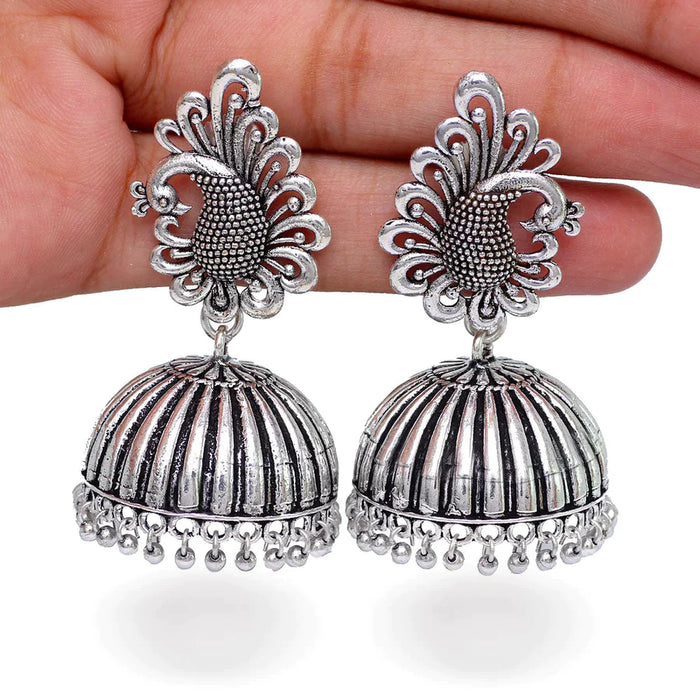 Bollywood Style Peacock Inspired Silver Tone Oxidised Metal Beads Jhumka Brass Earrings for Girls (GSE306SLV) - Silver