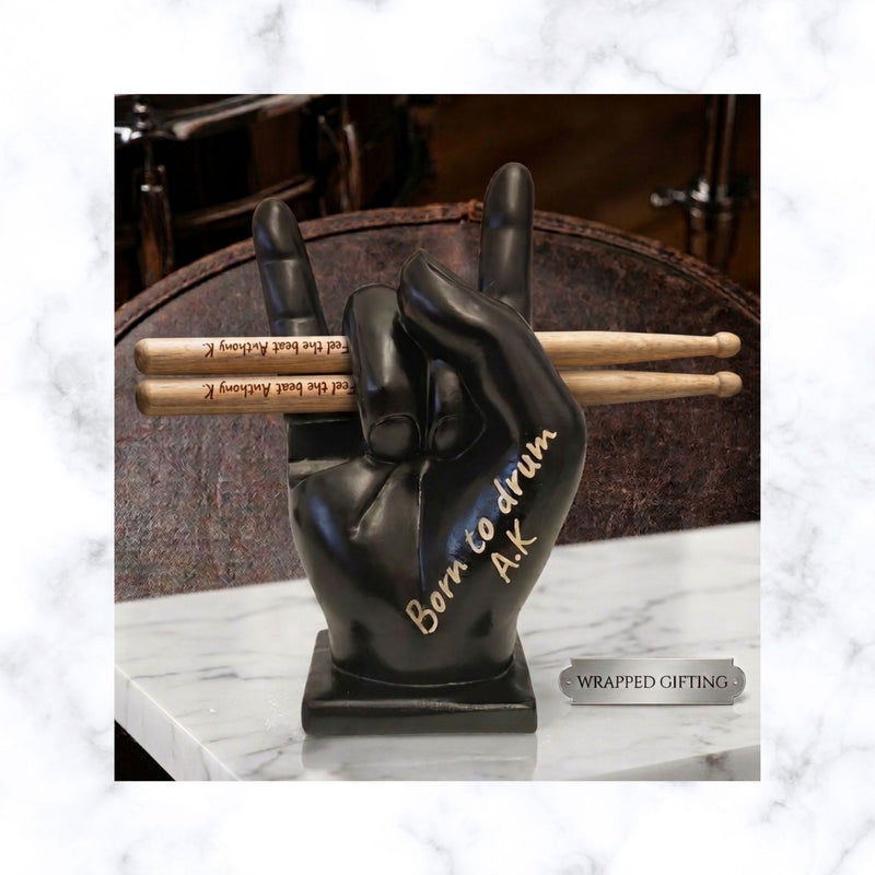Custom Engraved Drumsticks & 'Rock On' Display Stand Set