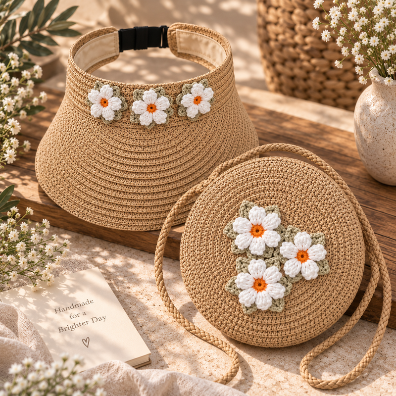 Chic Handcrafted Straw Round Bag & Floral Visor Summer Gift Set
