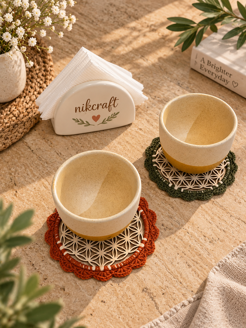 Luxury Wood & Crochet Edged Coaster Set (2 Pieces)