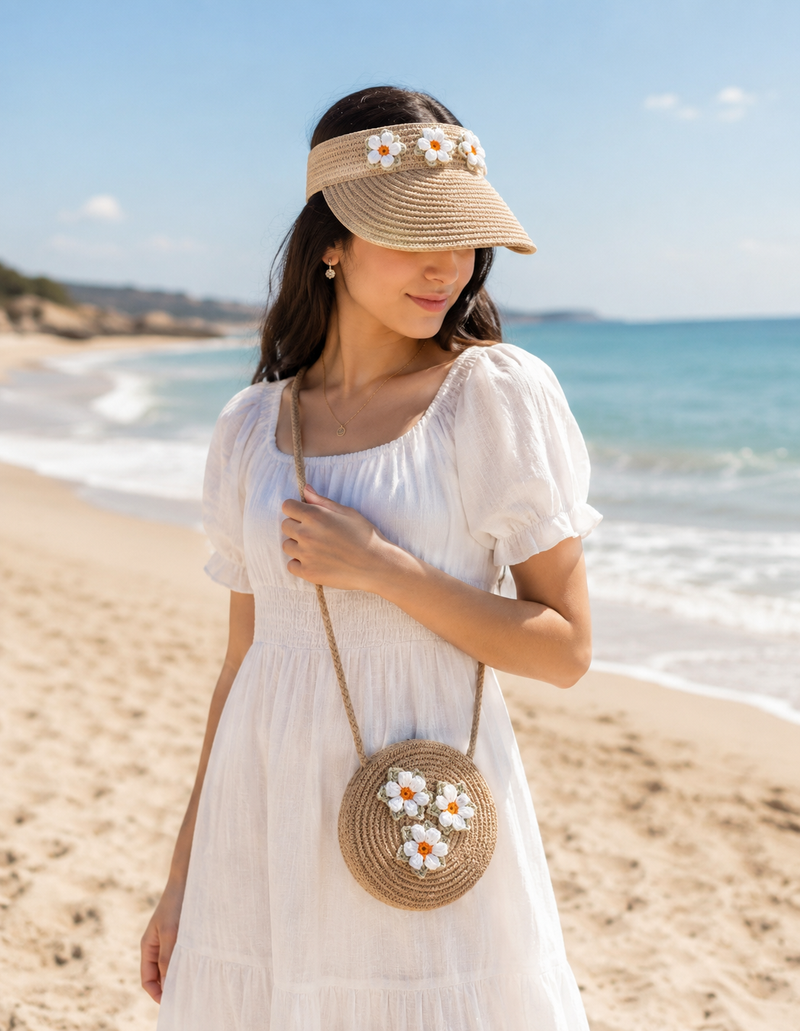 Chic Handcrafted Straw Round Bag & Floral Visor Summer Gift Set