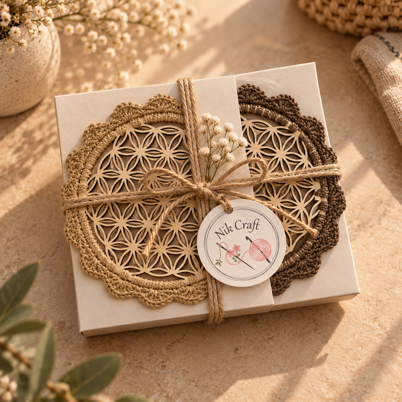 Luxury Wood & Crochet Edged Coaster Set (2 Pieces)