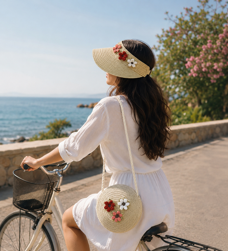 Chic Handcrafted Straw Round Bag & Floral Visor Summer Gift Set