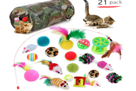 21-Piece Assorted Cat Toy Set with Camouflaged Colored Cat Tunnel!