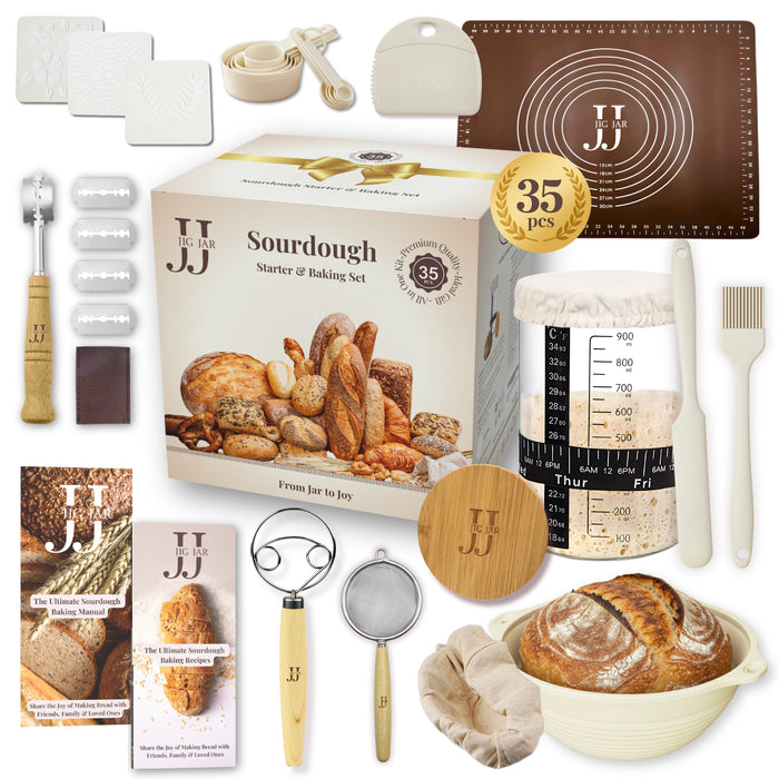 35 Piece Sourdough Starter Kit – Complete Bread Baking Set with Jar, Dough Tools, Proofing Basket, Pastry Mat, Whisk & Gift-Ready Packaging – White