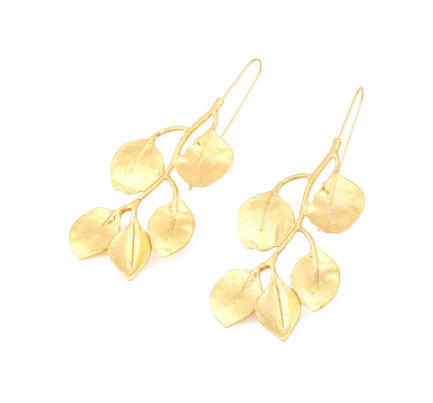 Golden Long Leaf Hoop Earrings