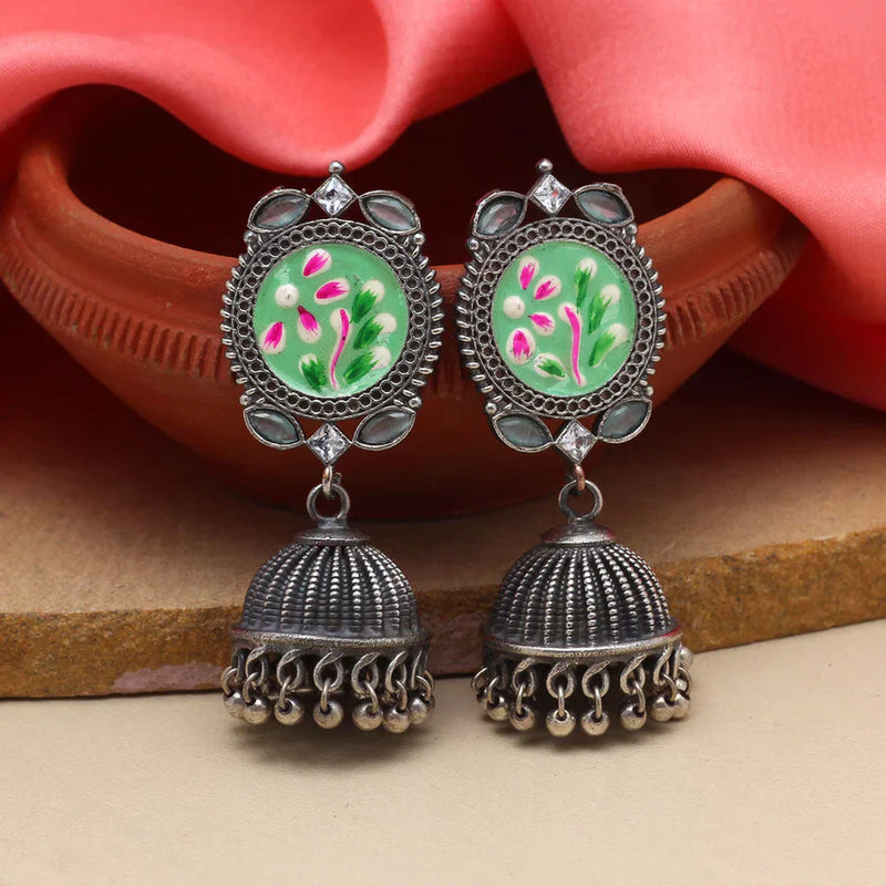 Pista Green Color Hand Painted Meena Work Premium Oxidised Earrings (PGSE2755PGRN) - Pista Green