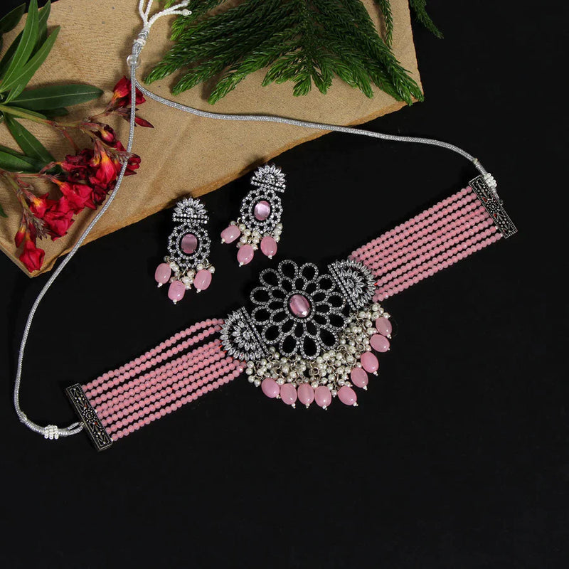 Pink Color Black Silver Brass Premium American Diamond Choker Necklace Set (PCZN676PNK) - Pink