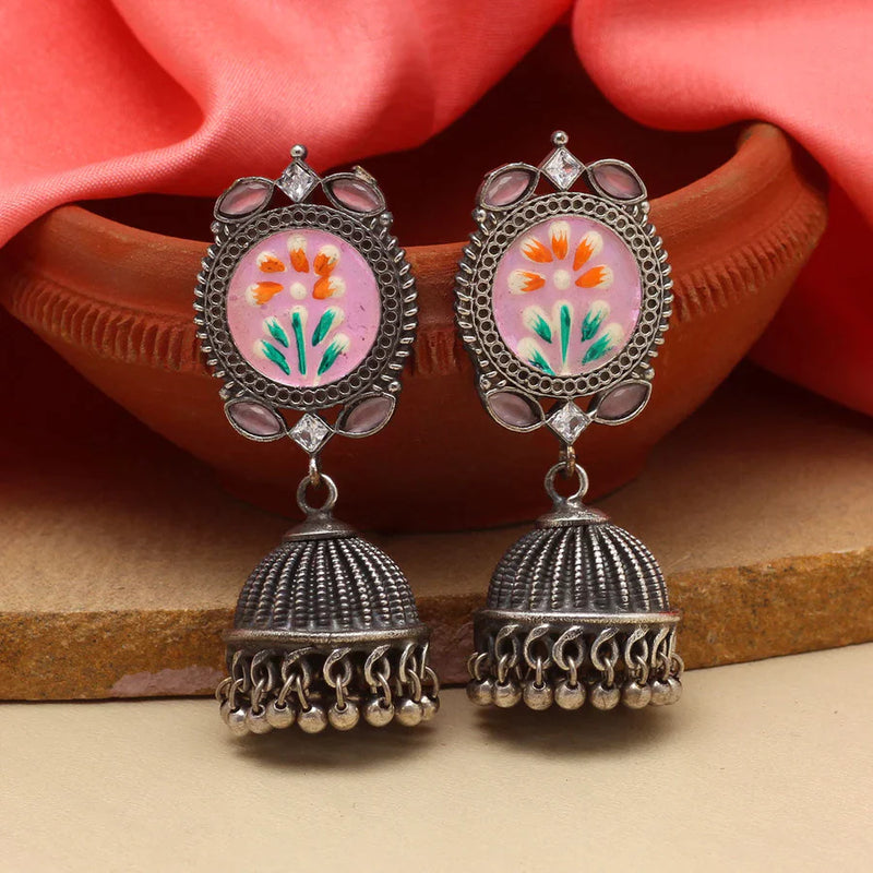Pink Color Hand Painted Meena Work Premium Oxidised Earrings (PGSE2755PNK) - Pink