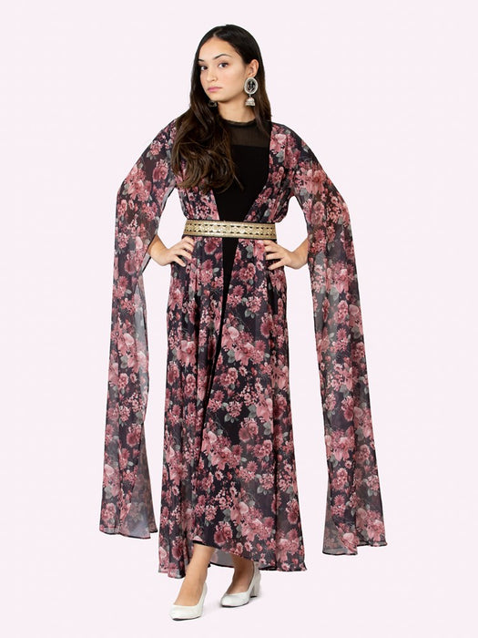 black floral printed cape with flare sleeves and separate belt